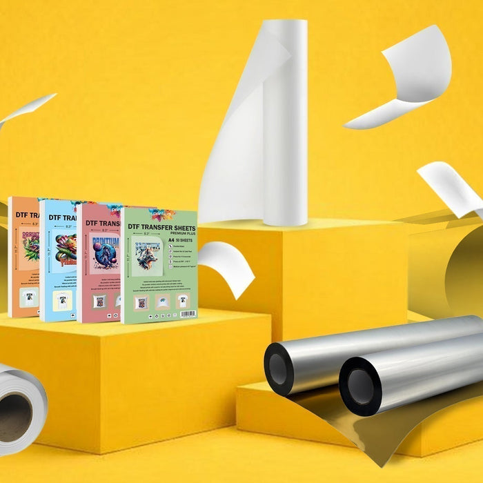 DTF transfer film rolls and sheets with packaging on a yellow background, DTF printing supplies