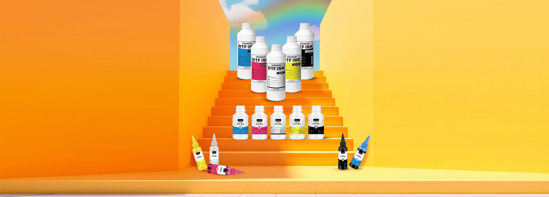 Premium DTF ink bottles in assorted colors on orange steps with a rainbow background
