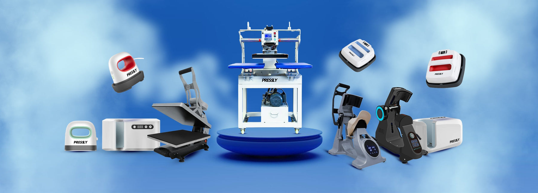 Various heat press machines and equipment for DTF printing on a blue background
