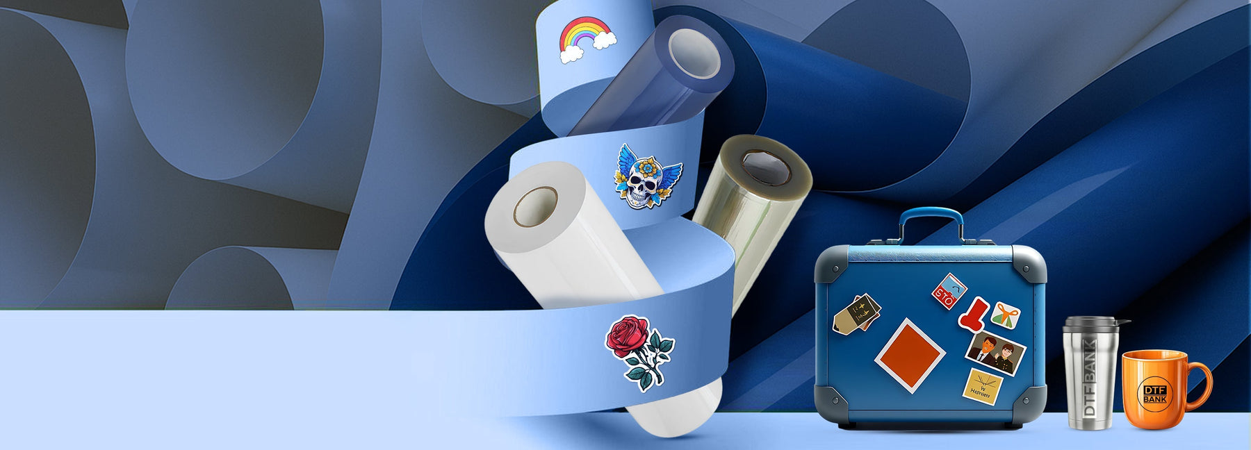 UV DTF film rolls with printed stickers, suitcase, and branded mugs on blue background