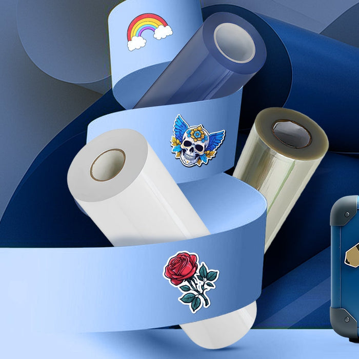 UV DTF film rolls with printed stickers, suitcase, and branded mugs on blue background