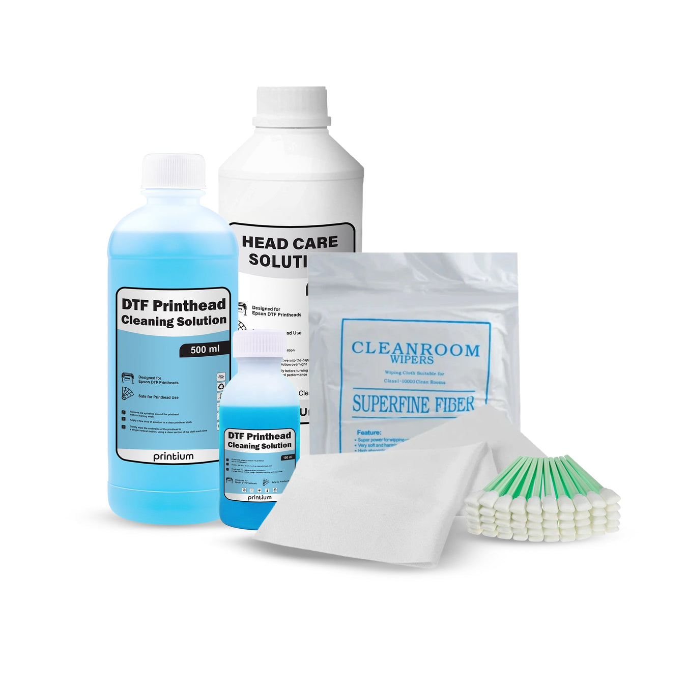 DTF printhead cleaning solutions, microfiber wipes, and swabs for printer maintenance