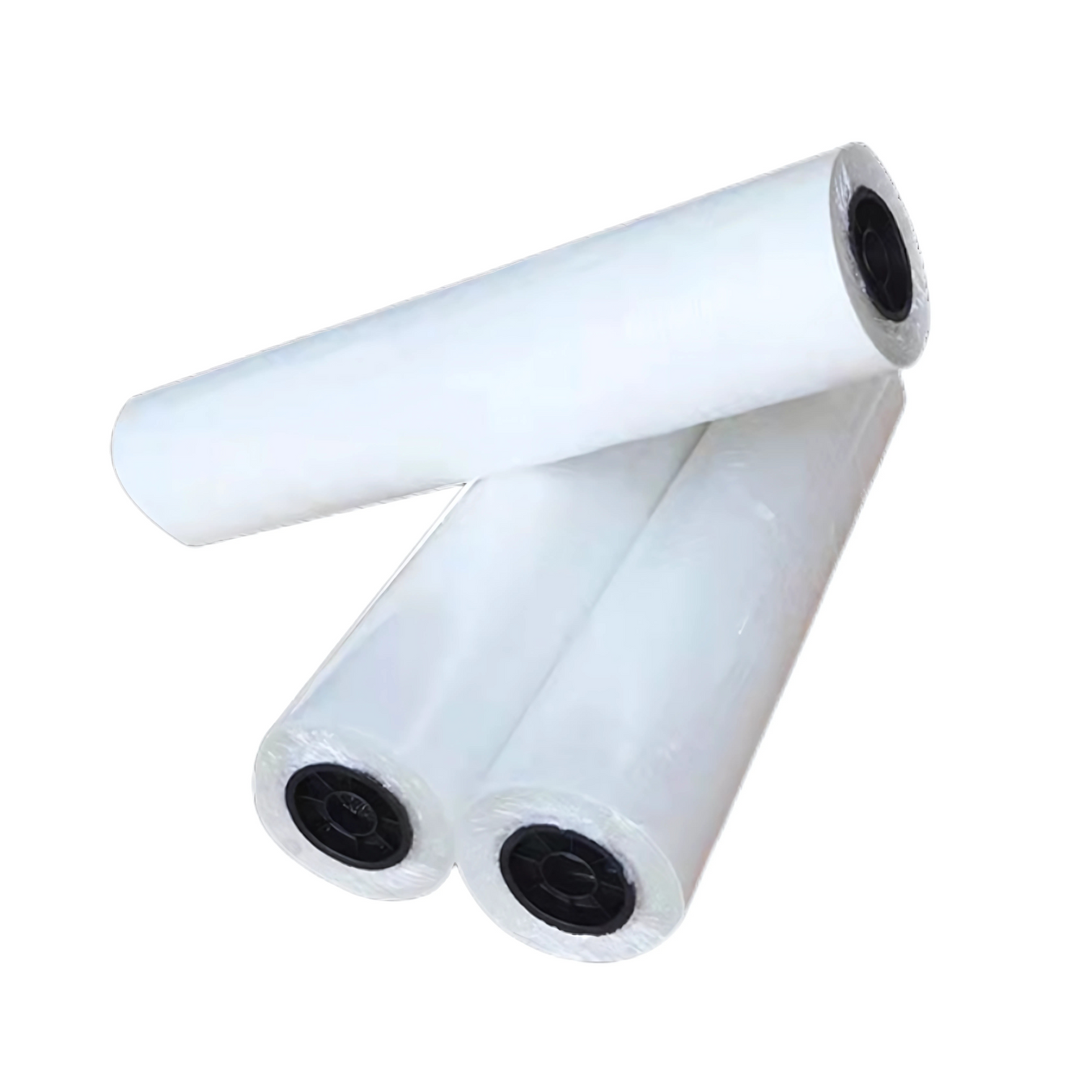 Three rolls of DTF film for digital transfer printing on a white background