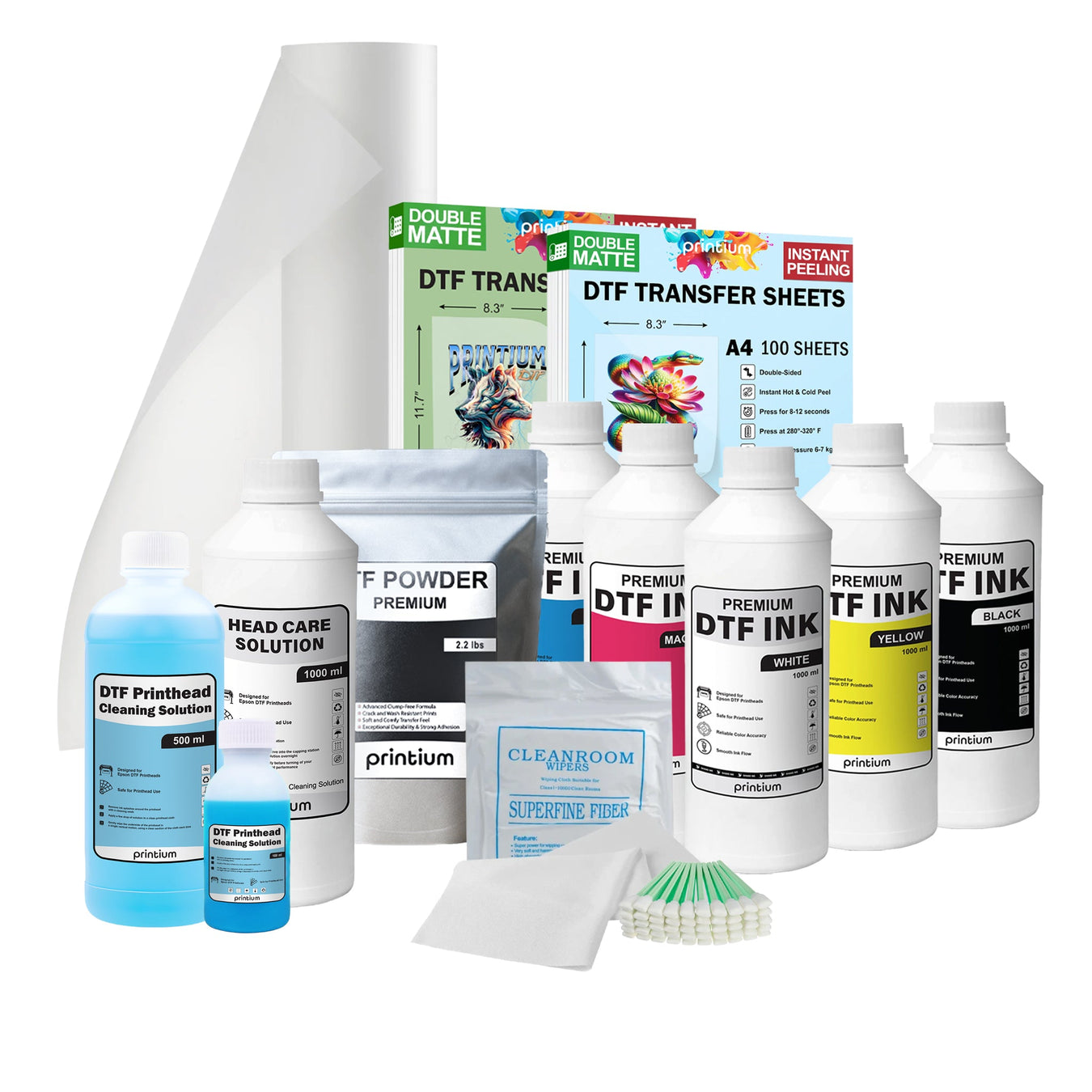 DTF printing supplies set with transfer sheets, inks, cleaning solution, powder, and accessories