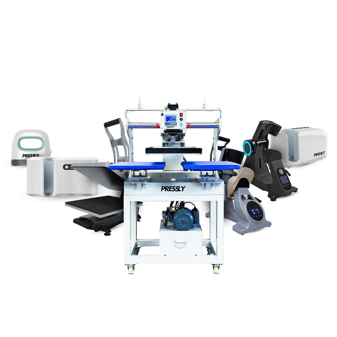 Assorted heat press machines for DTF printing, including clamshell, swing-away, and mug press models