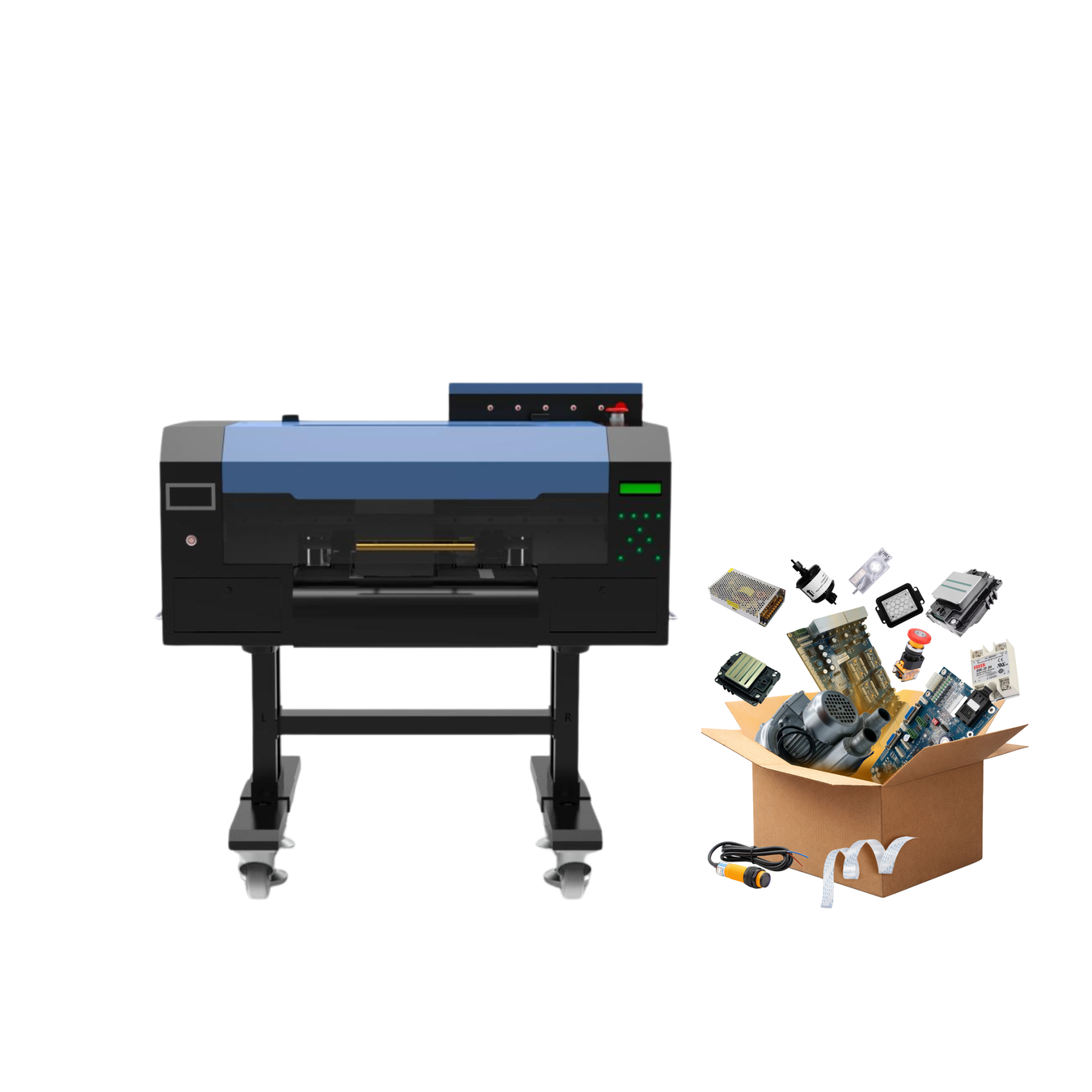 DTF printer with assorted spare parts and electronic components in a box