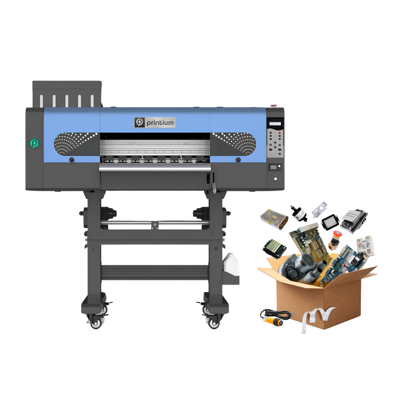 Wide format DTF printer with assorted spare parts and accessories in a box