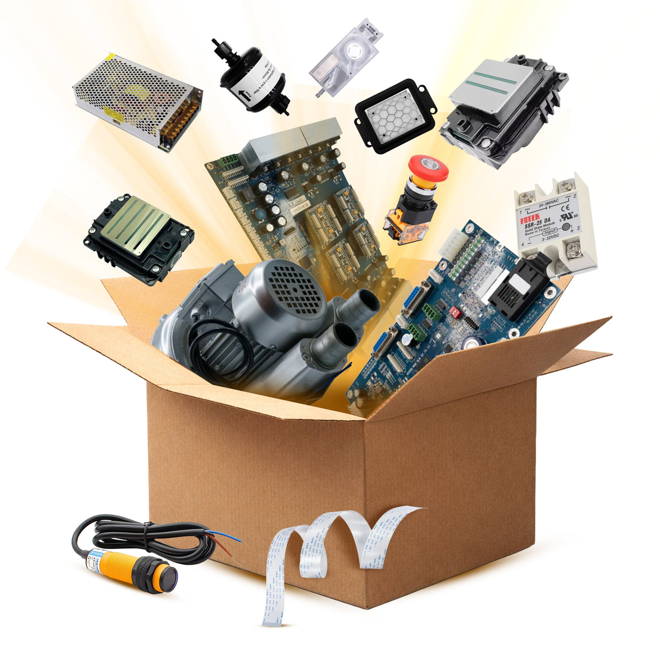 DTF printer spare parts and electronic components in an open cardboard box on white background