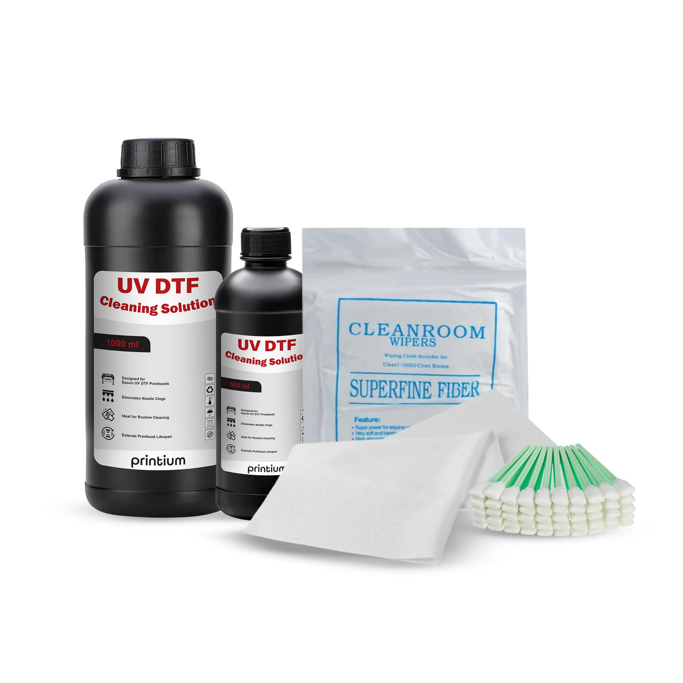 UV DTF cleaning solution bottles, cleanroom wipes, and swabs for DTF printer maintenance