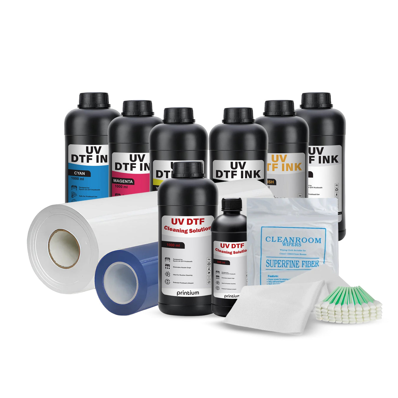 UV DTF printing supplies kit with ink bottles, cleaning solution, film rolls, wipers, and swabs.