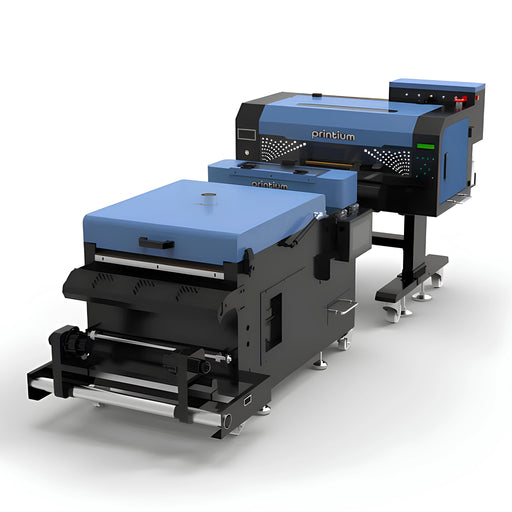 Printium P200 and P400 DTF printer bundle set with matching powder shaker and curing dryer units.