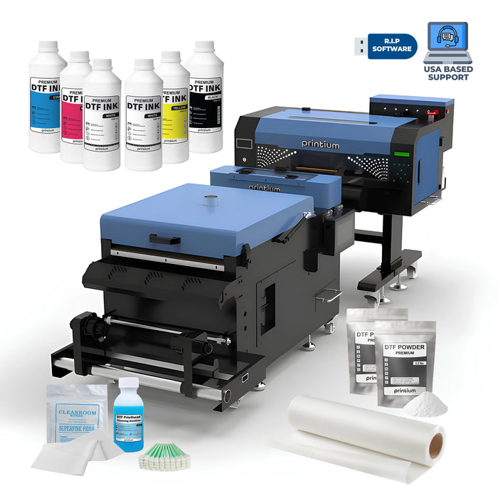 Printium P200 and P400 DTF printing bundle solution, including printers, powder shakers, and essential startup supplies.