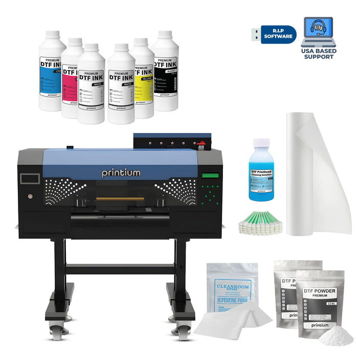 Complete Printium P200 DTF printing bundle kit with commercial printer, textile inks, transfer film, adhesive powder, cleaning solution, and RIP software