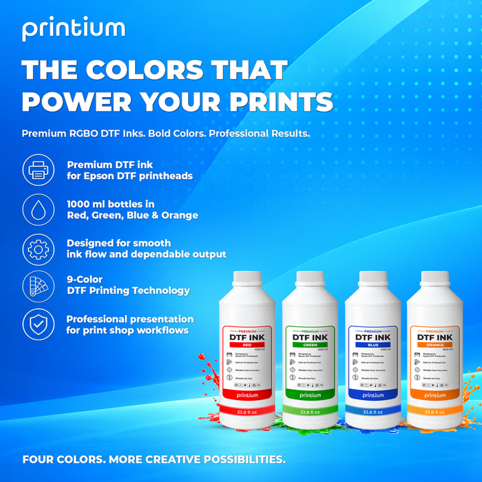 Premium DTF Ink - 1 Liter (33.8 fl oz) - RGBO DTF Inks for 9-Color DTF Printing