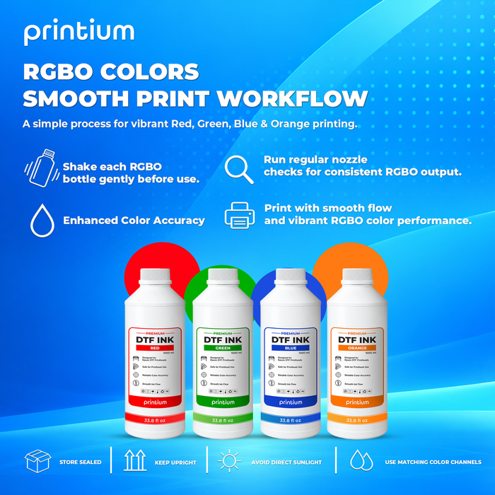 Premium DTF Ink - 1 Liter (33.8 fl oz) - RGBO DTF Inks for 9-Color DTF Printing