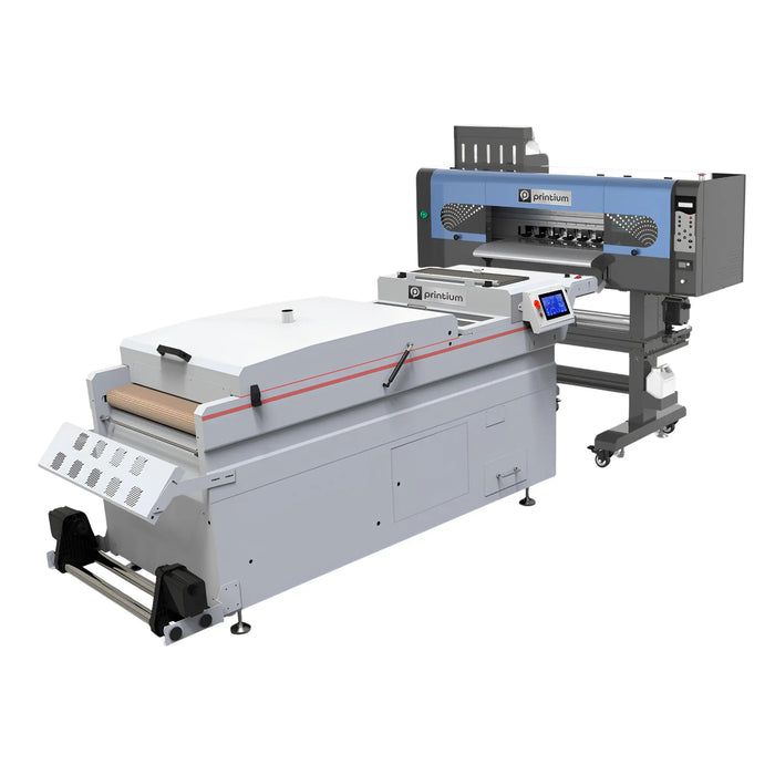 Lateral view of Printium direct-to-film printer connected with an automatic powder shaker dryer machine
